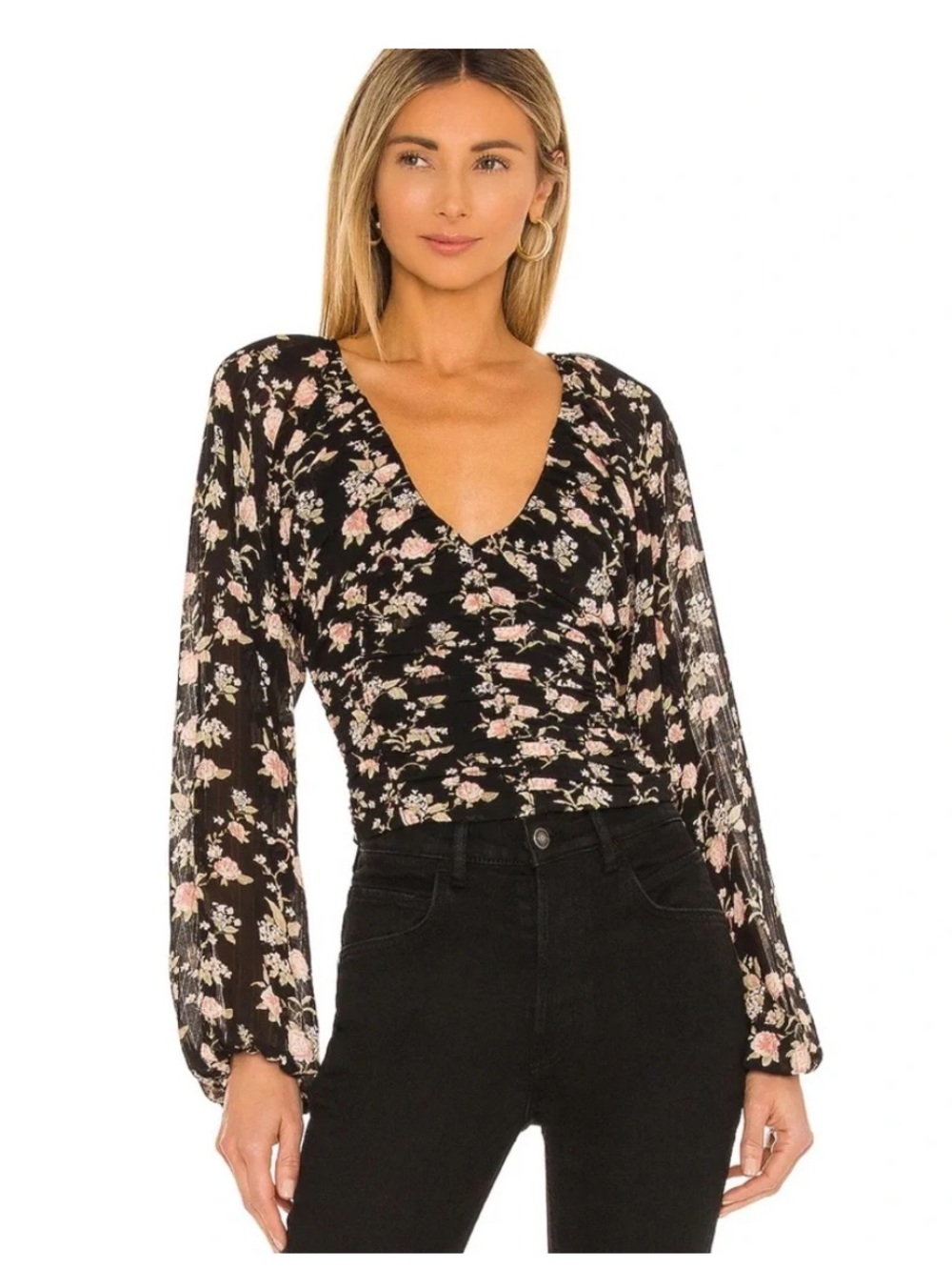 Free People Top Final Rose Floral Medium Gathered Blouse